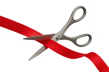 Scissors cutting red ribbon symbolizing grand opening, new business inauguration, ceremony, beginning, success, event