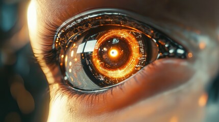 Bionic eye glowing with digital circuit details