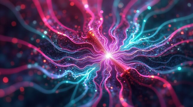 Vibrant abstract energy burst with glowing tendrils and particles