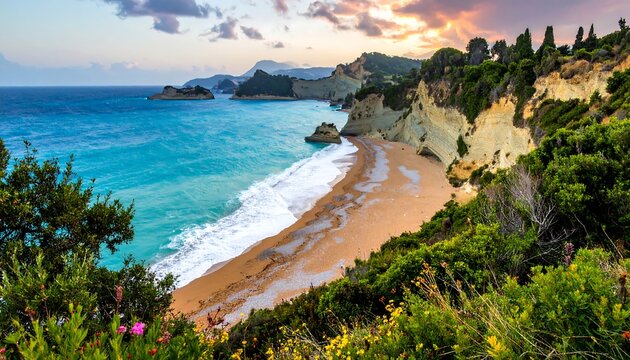 Coastal landscape featuring azure waters, sandy beach, and cliffs under colorful sky