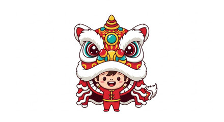 Cute Child Performing Lion Dance for Chinese New Year