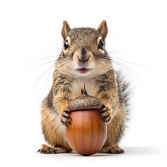 Obraz premium Cute squirrel holding a large acorn isolated on white background