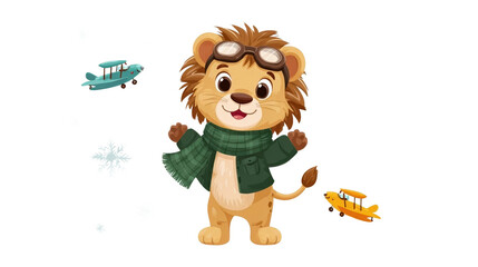 Cute cartoon lion character with winter accessories.