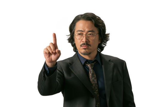 Asian man in suit pointing finger isolated on transparent background