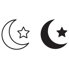 Outline and Filled Crescent Moon and Star Icons on White Background