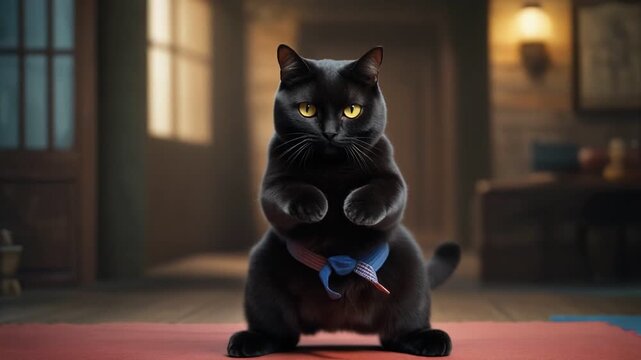 Black belt cat performs karate on a red mat