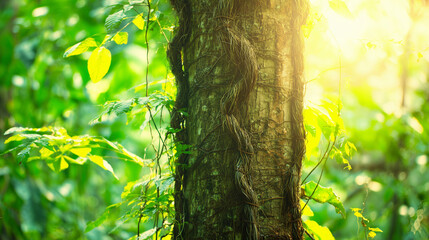 constraint. A tree trunk bound by thick vines in a forest, sunlight filtering through leaves. gardening catalogs, home-decor guides, designed for gardening and botanical catalogs.