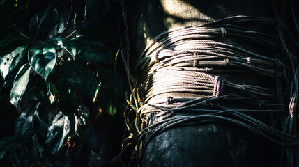 constraint. A tree trunk bound by thick vines in a forest, sunlight filtering through leaves. gardening catalogs, home-decor guides, designed for gardening and botanical catalogs.