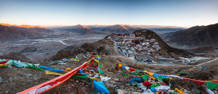 Elevated view of Ganden monastery at sunrise, Tibet