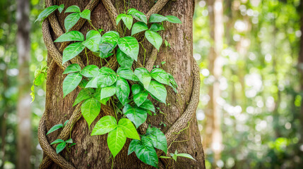 constraint. A tree trunk bound by thick vines in a forest, sunlight filtering through leaves. gardening catalogs, home-decor guides, designed for gardening and botanical catalogs.