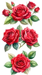Fototapeta premium Watercolor illustration of vibrant red roses, perfect for design