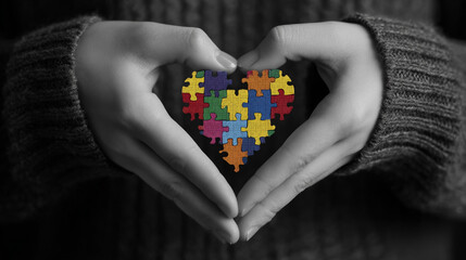Hands forming a heart shape around puzzle pieces in monochrome shot.