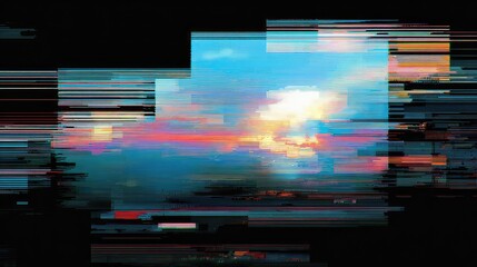 Glitch art sunset sky with abstract distortion effect
