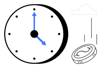 Wall clock with blue arrows indicating time, coin dropping downward, and light cloud element. Ideal for time management, savings, economy, decision, scheduling business punctuality. A simple flat