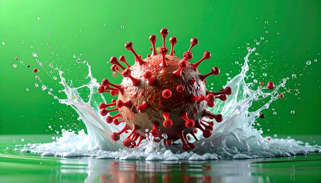 A vibrant, close-up rendering of a virus particle, splashing into water against a verdant background. Realistic details - Powered by Adobe