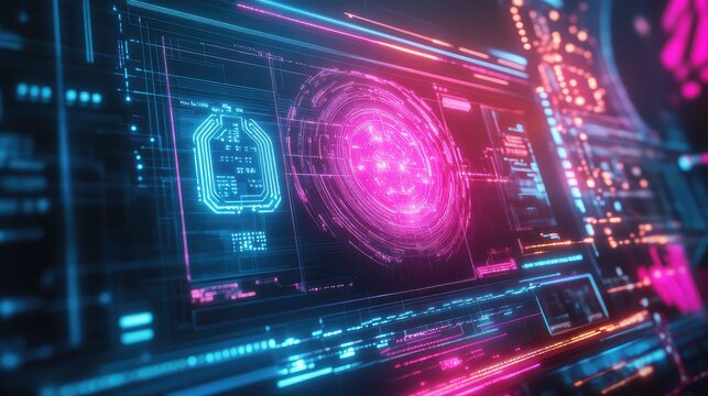 Futuristic digital interface displaying data and neon elements