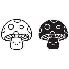 Two Cute Monochrome Mushroom Characters with Polka Dots and Smiling Faces