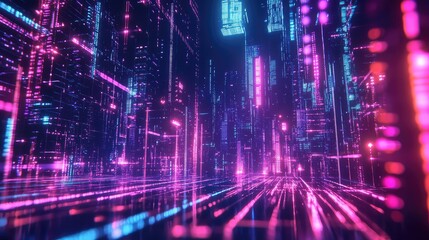 Obraz premium Futuristic digital city street with glowing neon lights