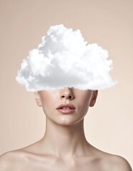 Woman with cloud for a head, close-up with peach background