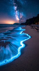 A vibrant nighttime scene of a bioluminescent beach under a starry sky. Glowing waves gently lap the shore