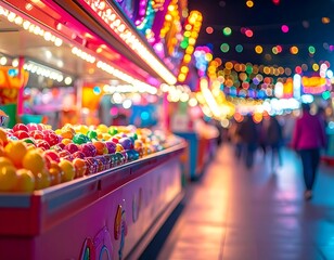 A vibrant nighttime shot of a carnival with colorful lights, games, and a blurred crowd. A game with balls in the foreground