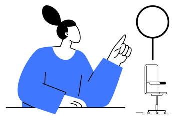 Woman raising finger to highlight idea or make a point, next to a chair and a blank speech bubble. Ideal for communication, discussion, workplace, brainstorming, creativity, expression, simple flat