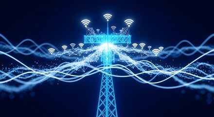 Advanced Telecommunication Tower Broadcasting Digital Signal Waves Through Network Connections