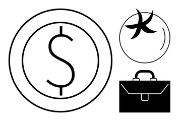 Dollar coin, business briefcase, and globe represent global commerce, investment, corporate strategy, growth, trade, money management and career. Ideal for economic planning minimal flat metaphor