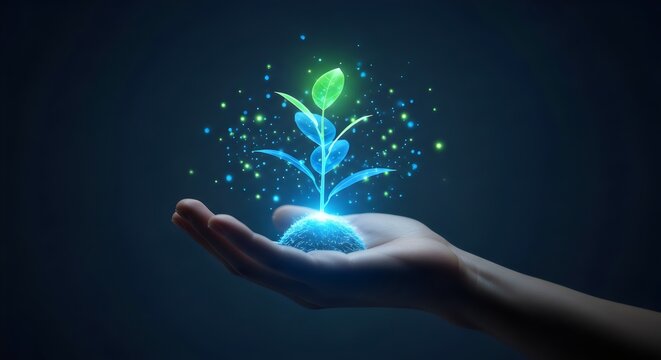 A glowing digital plant sprout emerging from a cupped hand, symbolizing technological innovation and sustainable growth for a brighter future