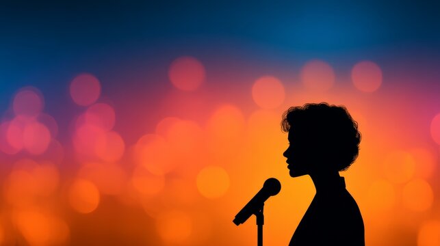 silhouette, solution, enterprise, successful, leader, corporation, Empowering Mentorship: Silhouette of Inspirational Leader Speaking on Stage with Soft Pastel Tones, Spotlight, and Engaged Audience