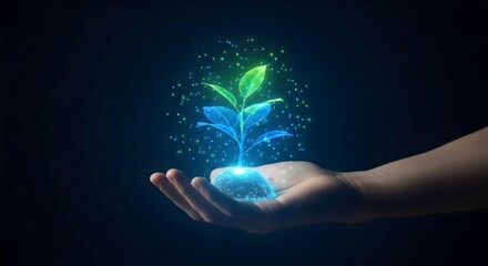 Concept of green technology and environmental conservation, with a glowing plant hologram growing from a hand, symbolizing a sustainable future and innovation