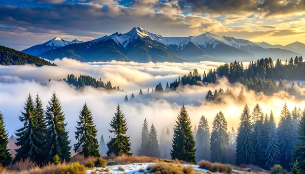 A scenic vista of a mountain range with snow-capped peaks rising above rolling clouds and lush evergreen forests