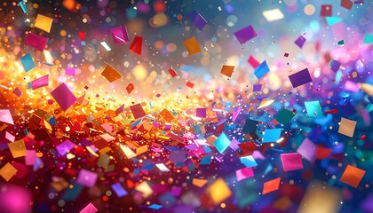 A vibrant, colorful explosion of confetti against a bokeh background, radiating light and energy. The scene is festive and cheerful