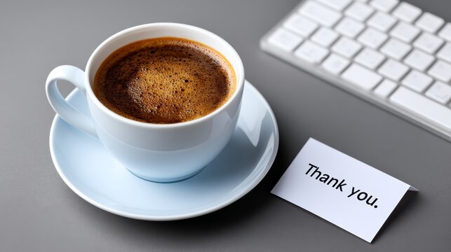 Thanksgiving, business gratitude, client appreciation, Organized Work Environment with Coffee Cup, Gratitude Note, and Keyboard, Space for Custom Text.