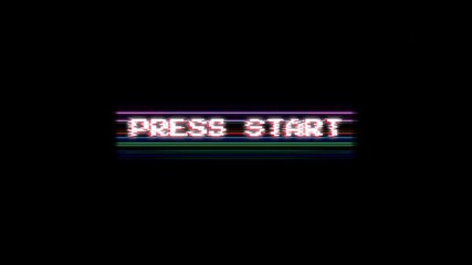 Cyberpunk PRESS START Text. Animated Pixel Glitch Bumper with Neon Static and Broken VHS Tracking Lines - Powered by Adobe