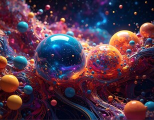 Dazzling, colorful abstract art with luminous spheres and swirling forms