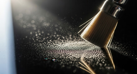 Mysterious fingerprint revealed by sparkling dust and a delicate brush, capturing secrets and intrigue with dramatic lighting.