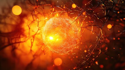 Glowing energy sphere connecting network branches abstract background