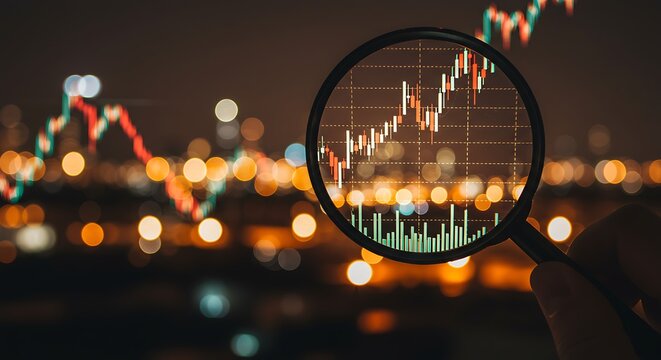 Analyzing Financial Market Trends Through Magnified Stock Charts at Night