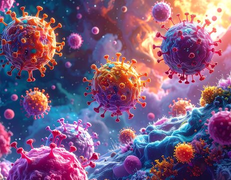 Colorful illustration of virus particles floating in an abstract landscape