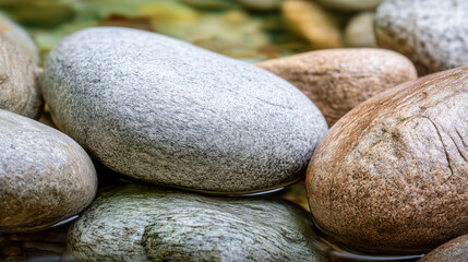shallow. Smooth water-worn pebbles on a shallow stream bed with clear water flowing over them. travel magazines, destination branding, designed for travel destination branding.