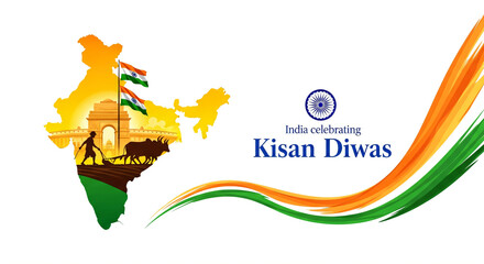 vector illustration for Indian day kisan diwas means farmer days, India celebrating , concept banner, 23 December, National farmers day of India, bullock and farmer on abstract tricolor ... See More