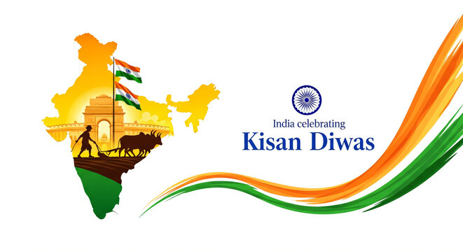 vector illustration for Indian day kisan diwas means farmer days, India celebrating , concept banner, 23 December, National farmers day of India, bullock and farmer on abstract tricolor ... See More