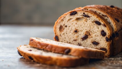 Closeup Rustic Raisin Bread Loaf Sliced on Gray Surface with Soft Natural Lighting and Shallow Depth of Field