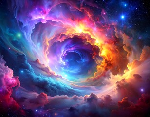 Fototapeta premium A vibrant cosmic artwork depicting swirling nebulas with stunning colors and bright stars scattered across the vast canvas