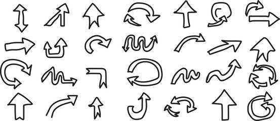 Hand drawn arrow set pointing in various directions, doodle vector illustration