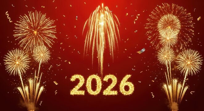 Golden fireworks celebrate the arrival of the year 2026