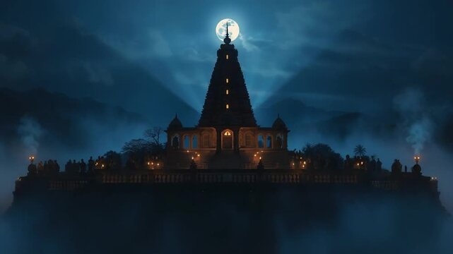 Majestic Shiva Temple Under Full Moon on Maha Shivaratri Night