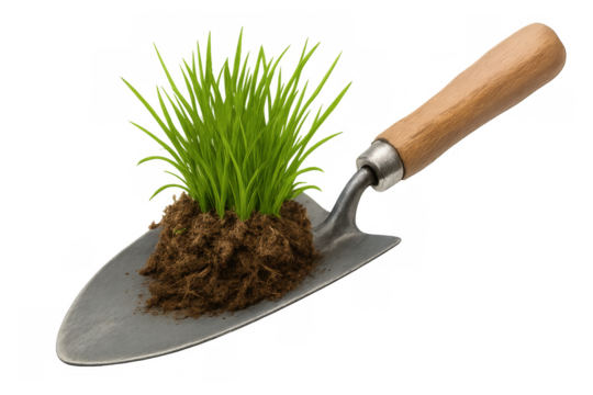 Garden trowel holding a clump of soil with green grass. Representing planting, growth, gardening work, and environmental care