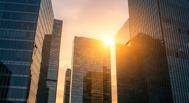 Modern Glass Skyscraper Buildings Reflecting Golden Sunset Light With Dust Particles Floating
